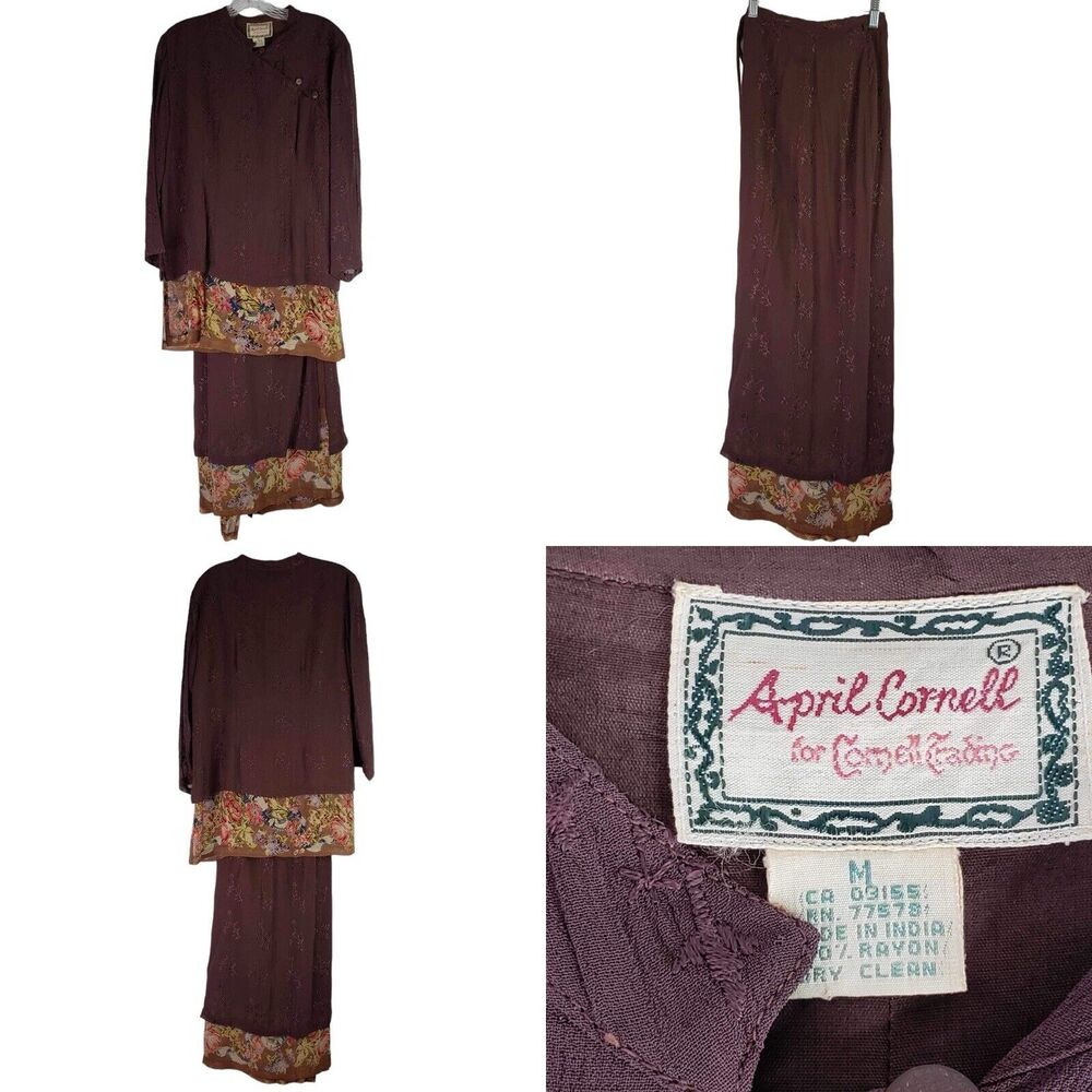April Cornell Maxi Wrap Skirt Set Long Sleeve Tunic Size Medium Brown Floral